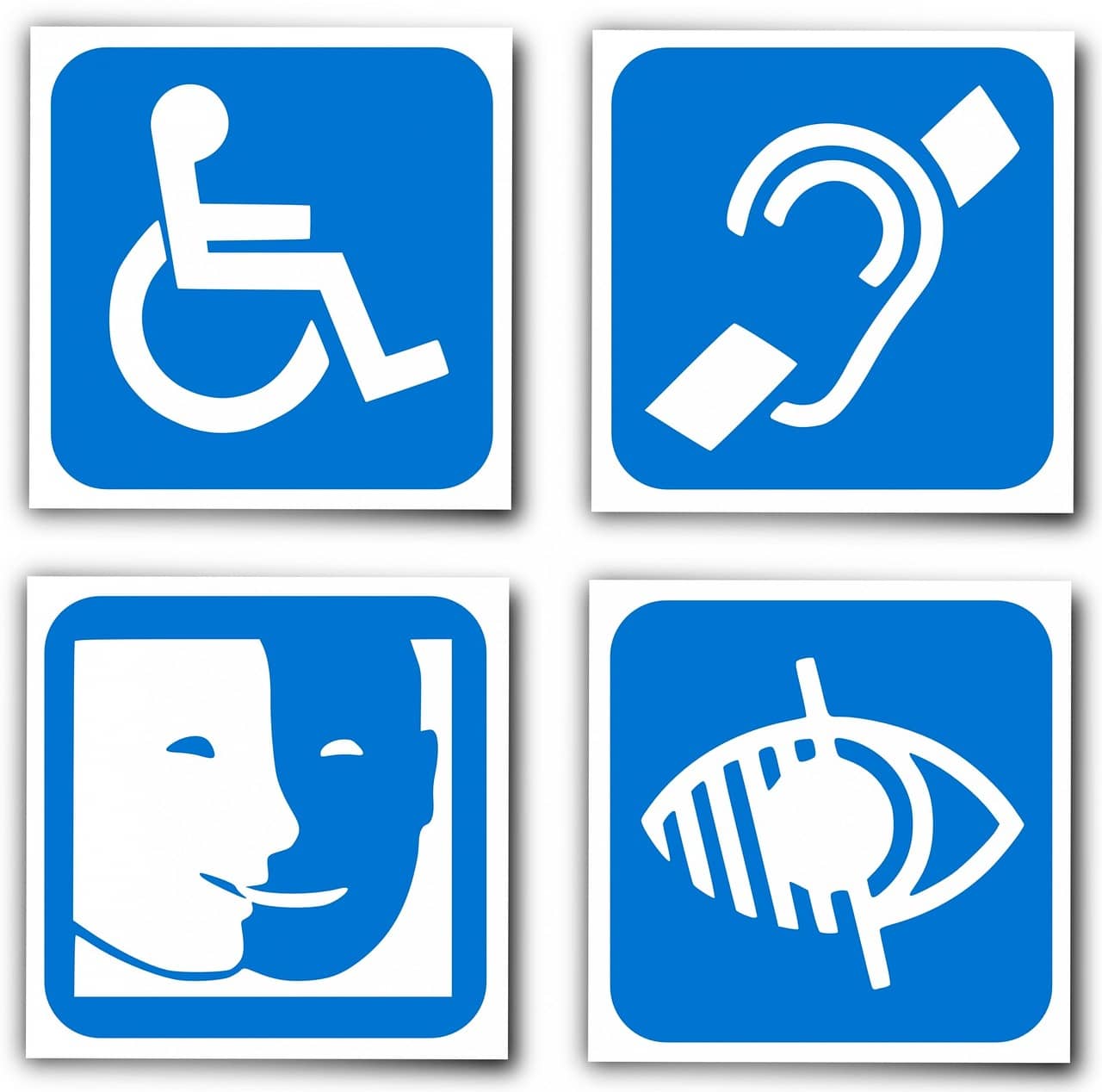 logo officiel des différentes formes de handicap : handicap moteur, handicap auditif, handicap mental, handicap visuel